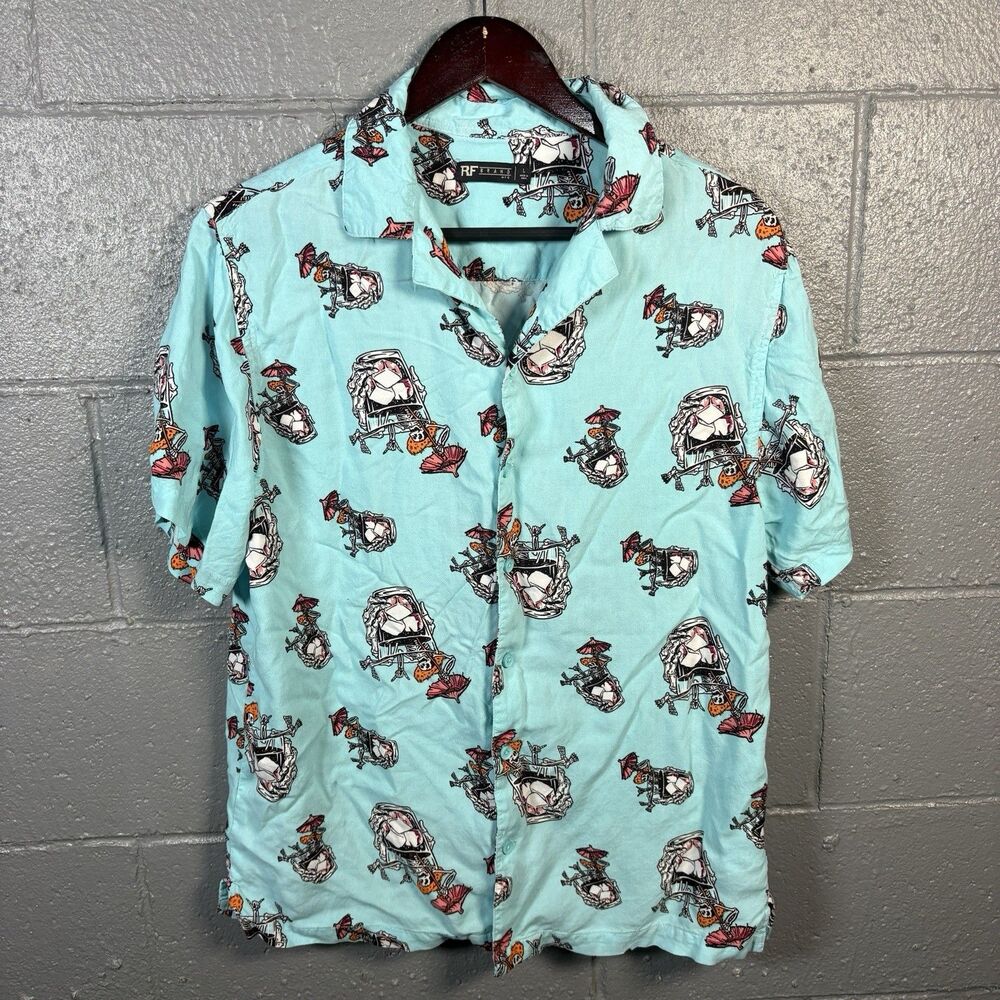 RF Brand Button Shirt Men's L Hawaiian Camp Collar Beach Tropical Casual Blue